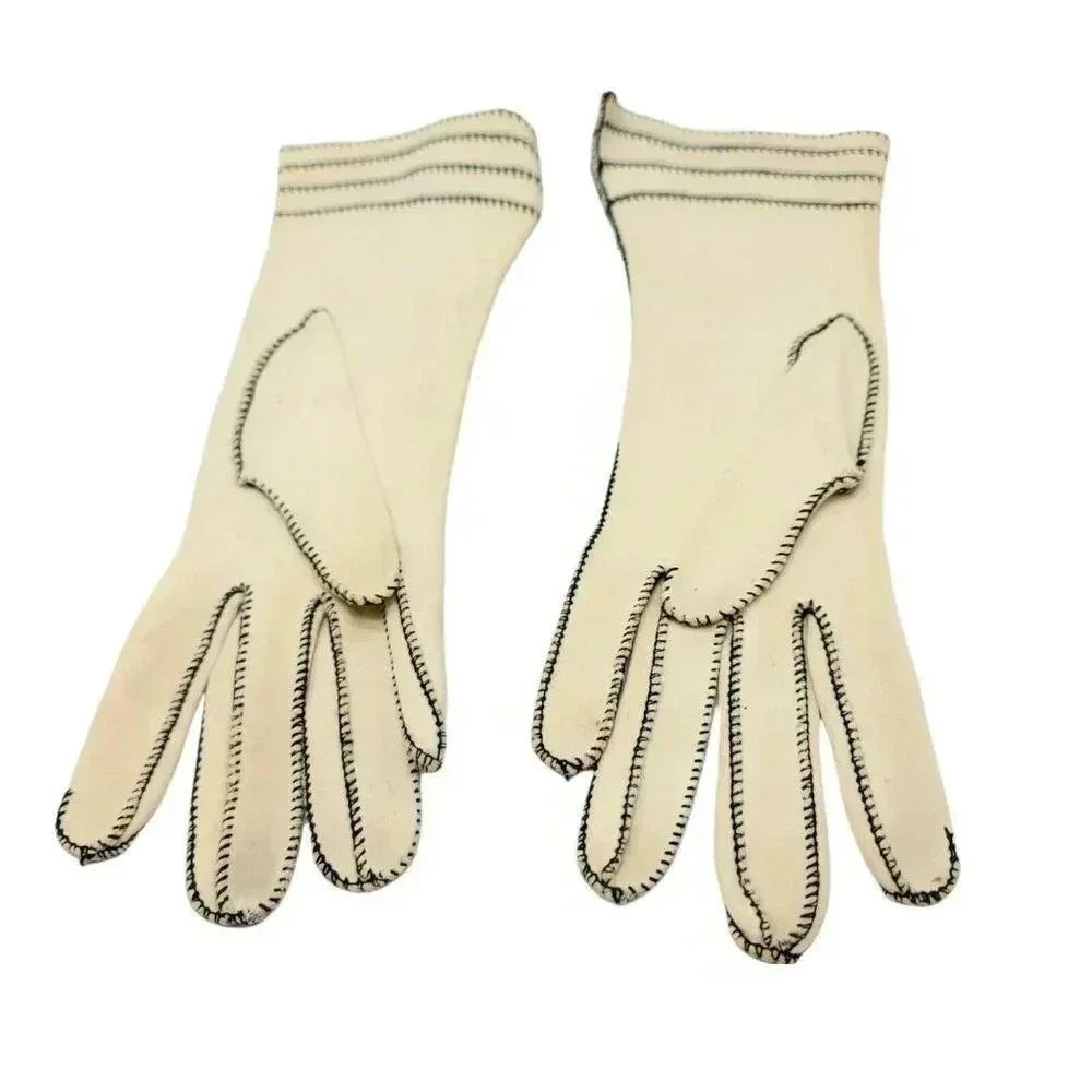 Beige Black Stitched Vintage Driving Gloves Cotton Womens Mid Century